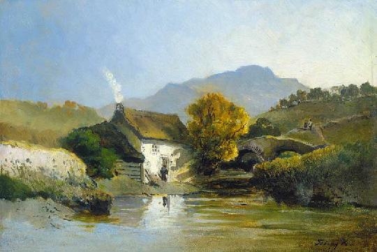 Telepy Károly (1828-1906) Reflection on the stream with cottage