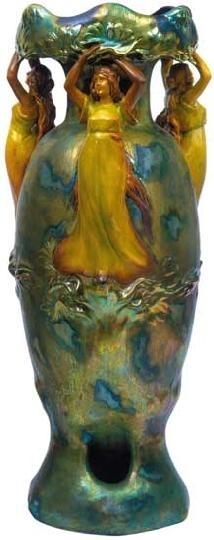 Zsolnay Ornamental vase with three female figures, Zsolnay, around 1904, restored