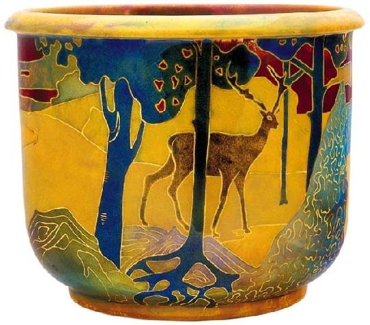 Zsolnay Flower pot with the panoramic view of a deer walking in the forest, Zsolnay, around 1900