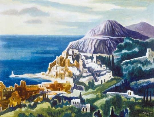 Duray Tibor (1912-1988) Mediterranean city scene with a lighthouse