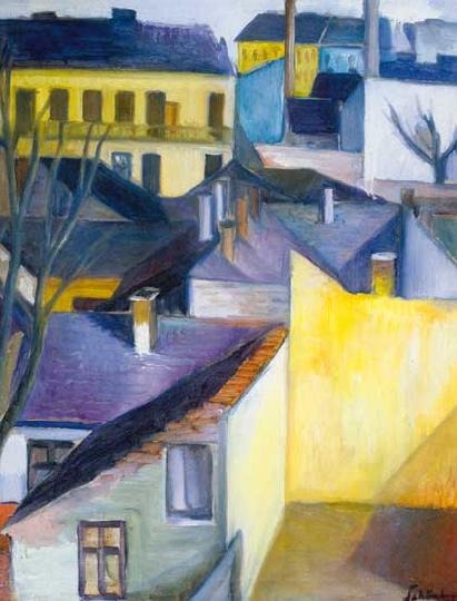 Schönberger Armand (1885-1974) Városkép sárga tűzfallal