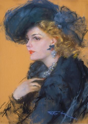 Fried Pál (1893-1955) Lady wearing hat with a necklace of pearls