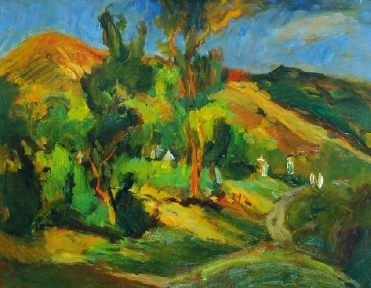 Vass Elemér (1887-1957) Figures in landscape, 1927 On the reverse: Hills on the shore of Lake Balaton