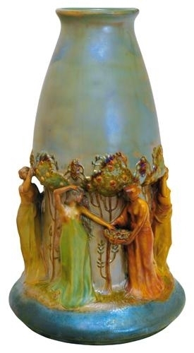 Zsolnay Ornamental vase with female figures picking fruits, Zsolnay, around 1906 Design: Lajos Mack, restored