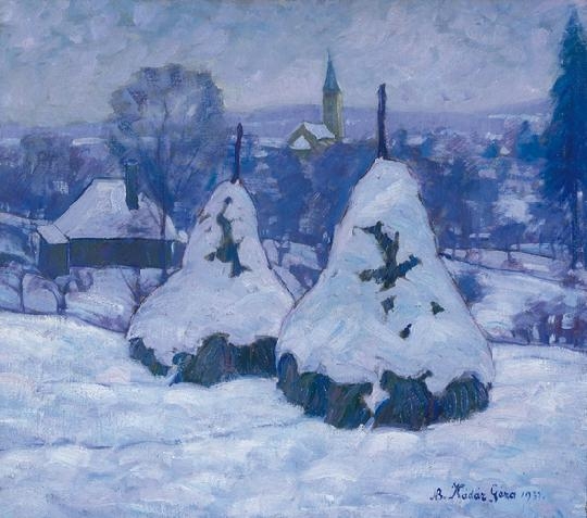 Kádár Géza (1878-1952) Hófödte szénaboglyák, 1937