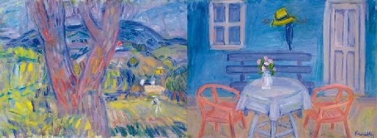 Kmetty János (1889-1975) Blue room, On the reverse: Downy land with tree