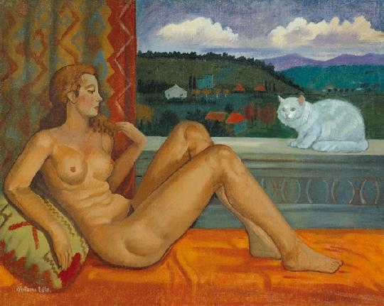 Czene Béla (1911-1999) Day-dreaming nude with a cat