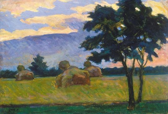 Ács Ferenc (1876-1949) Landscape at sunset (Transylvanian landscape with hay stacks)