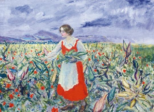 Csók István (1865-1961) Menyecske virágos mezőn, 1917