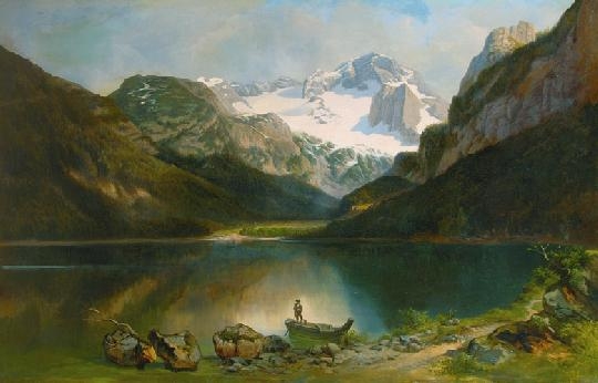 Molnár József (1821-1899) Mountain landscape with a boater