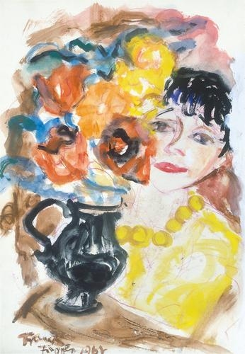 Frank Frigyes (1890-1976) Mimi virágokkal, 1967