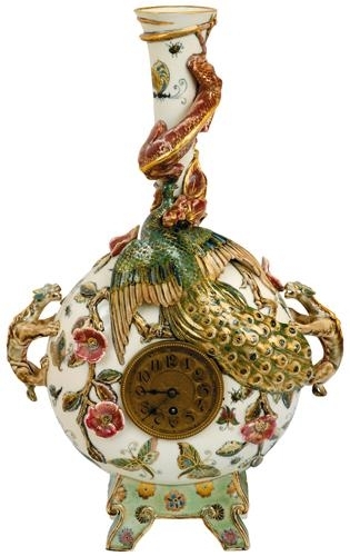 Zsolnay Chinese-style ornamental vase with clock, Zsolnay, 1880s  Design: Tádé Sikorski, unique piece made to order