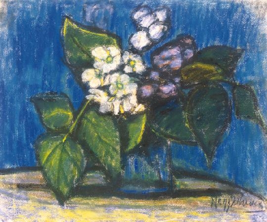 Nagy István (1873-1937) Still life with flowers and blue background
