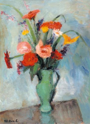 Vass Elemér (1887-1957) Still life with flowers in a green vase, 1937