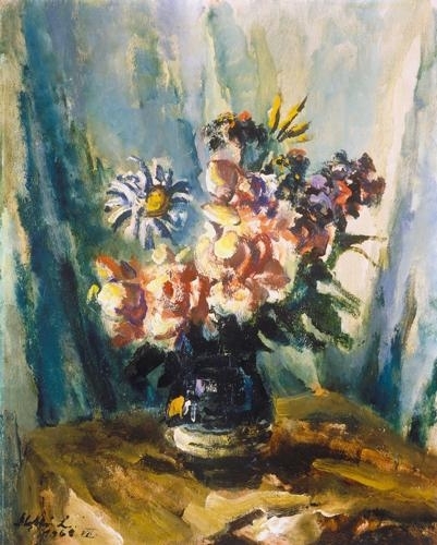 Holló László (1887-1976) Still life with flowers and green background, 1968