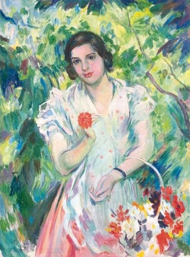 Csók István (1865-1961) Fiatal nő virágkosárral, 1931
