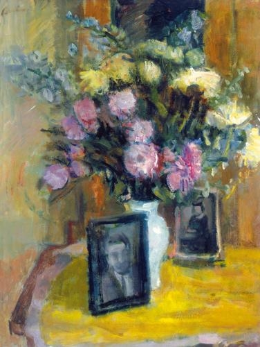 Berény Róbert (1887-1953) Still life with flowers and photos