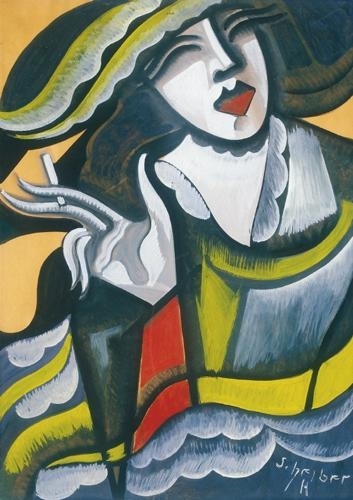 Scheiber Hugó (1873-1950) Cigarettázó nő nagy kalapban