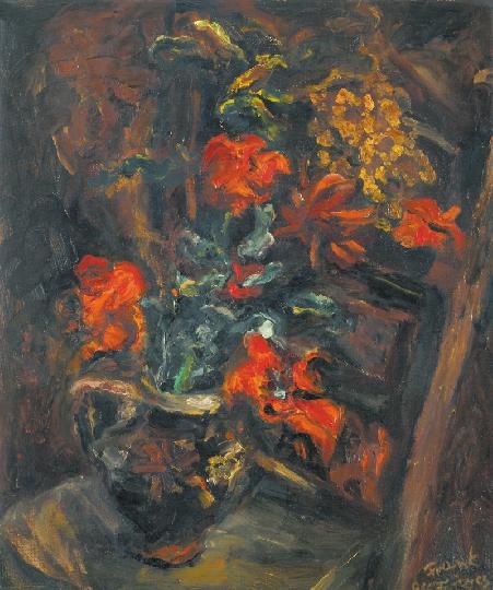Frank Frigyes (1890-1976) Virágok barna széken, 1966