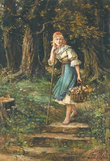 Bruck Lajos (1846-1910) Girl picking mushrooms