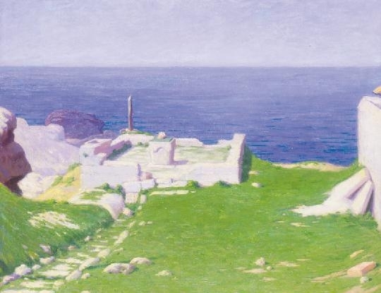 Rátz Péter (1879-1945) Antik romok a Tirrén tenger partján, Hátoldalon: Nagybányai táj