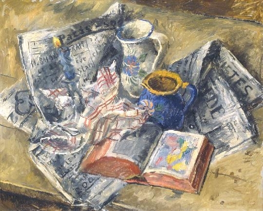 Basch Andor (1885-1944) Csendélet korsókkal, könyvvel (EST újsággal), 1937