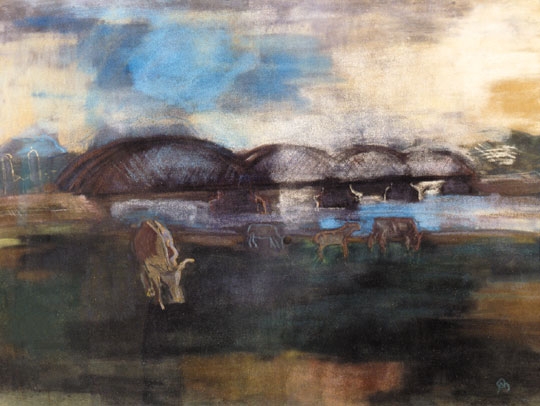 Bernáth Aurél (1895-1982) Trencséni híd tehenekkel, 1928