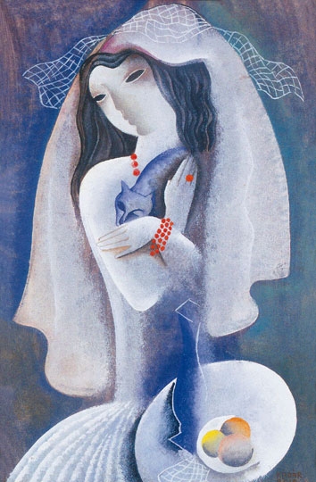 Kádár Béla (1877-1956) Veiled lady with cat