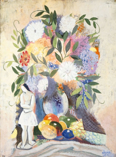 Kádár Béla (1877-1956) Flower still-life with sculpure