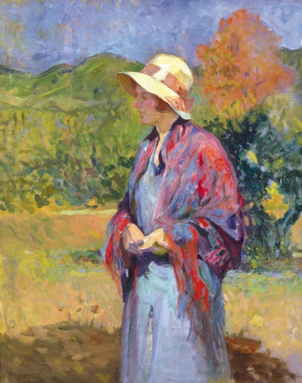 Thorma János (1870-1937) Nő rózsás kendővel (Kalapos hölgy napsütésben)