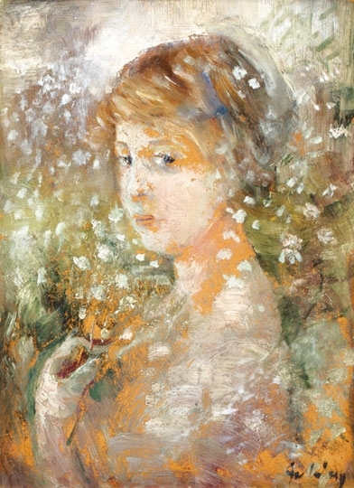 Gulácsy Lajos (1882-1932) Lány virágzó vadrózsabokorral (Csipkerózsa), 1910-1911 körül