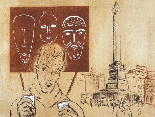 Martyn Ferenc (1899-1986) Self-portrait with Parisian street-scene (Bastille), 1927