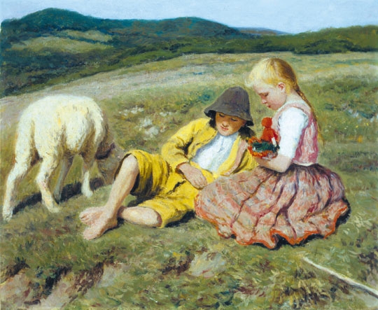 Glatz Oszkár (1872-1958) Kids with lamb