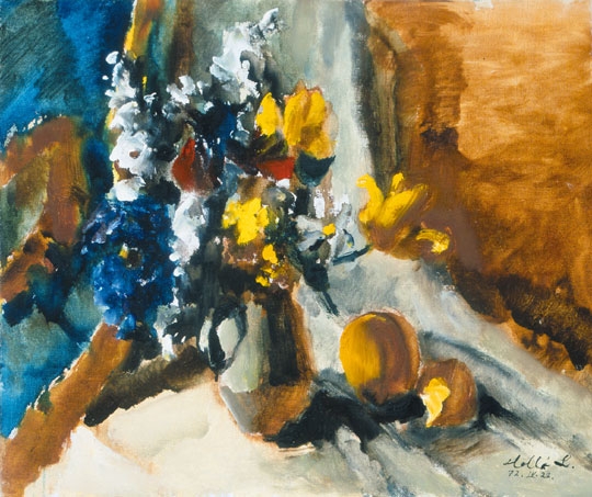 Holló László (1887-1976) Asztali csendélet virágokkal, narancsokkal, 1972