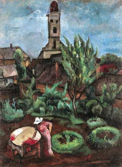 Perlrott-Csaba Vilmos (1880-1955) The protestant church in Nagybánya from the artist's garden