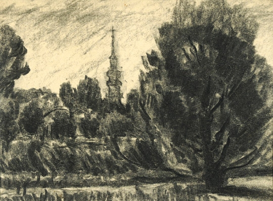 Nagy István (1873-1937) Riverside with spire