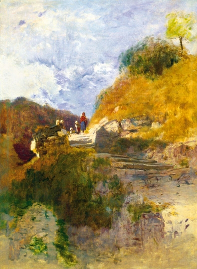 Mészöly Géza (1844-1887) Hilly landscape with figures