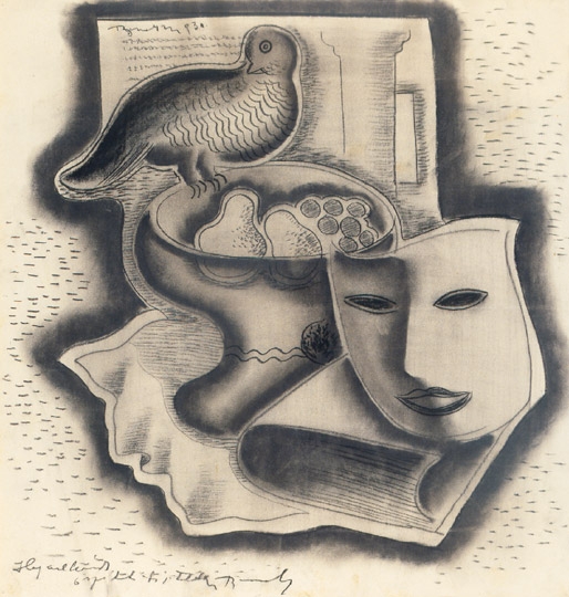 Bene Géza (1900-1960) Galambos csendélet maszkkal, 1930