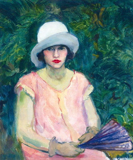Emőd Aurél (1897-1958) Fehérkalapos hölgy legyezővel