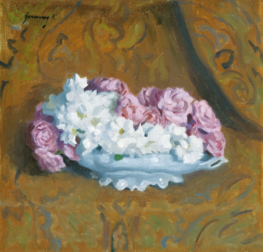 Ferenczy Károly (1862-1917) Rózsaszín és fehér rózsák tálon, 1911