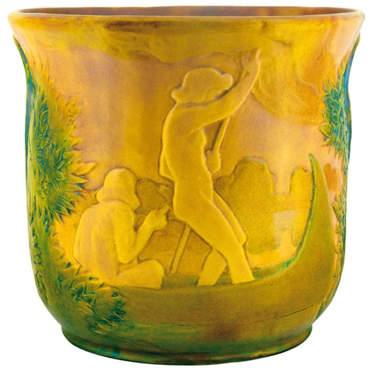 Zsolnay Rose-bowl with riverside-scene décor, Zsolnay, 1900