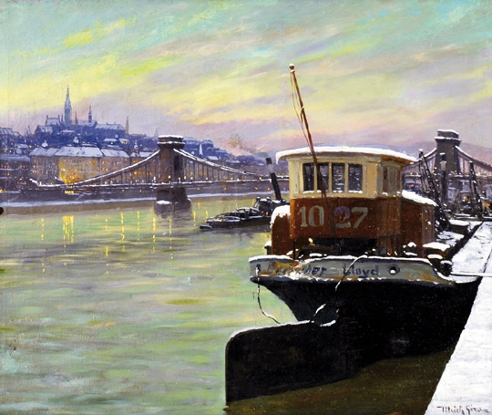 Ulrich Géza (1881-1943) Téli Budapest a századfordulón a kivilágított Lánchíddal