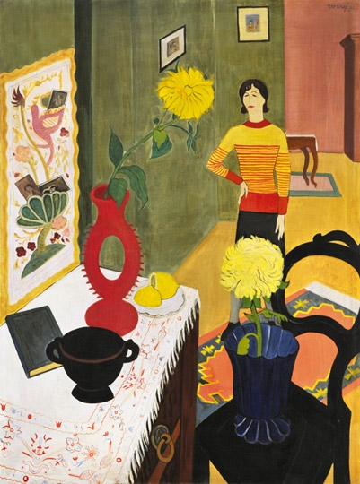 Vörös Géza (1897-1957) Csíkos blúzos nő szobában (Feleségem szobában, Intérieur sárgákkal))
