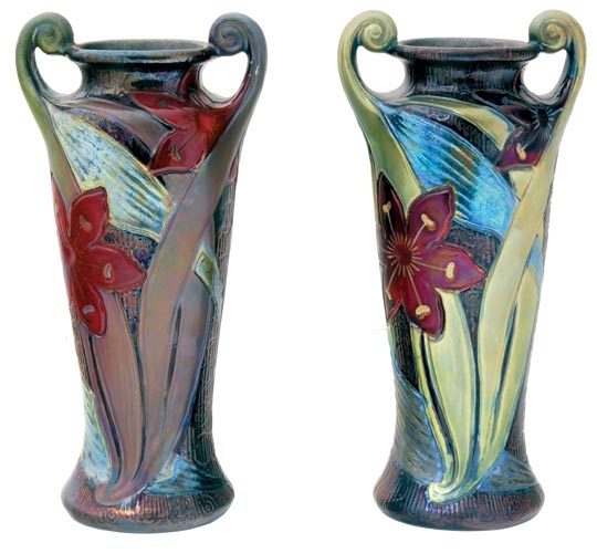 Zsolnay Pair of vases with faded tulips, Zsolnay, early 1900s Form-Plan: Sándor Apáti Abt, 1903