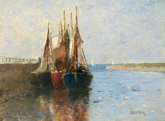 Mészöly Géza (1844-1887) Pier at lake Balaton with boats