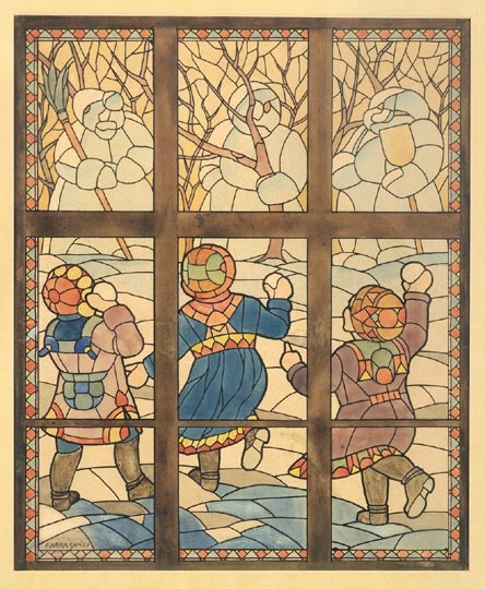 Farkasházy Miklós (1895-1964) Snowball Fighters (window design)