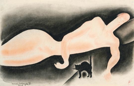 Ilosvai Varga István (1895-1978) Reclining Nude with Cat, 1928