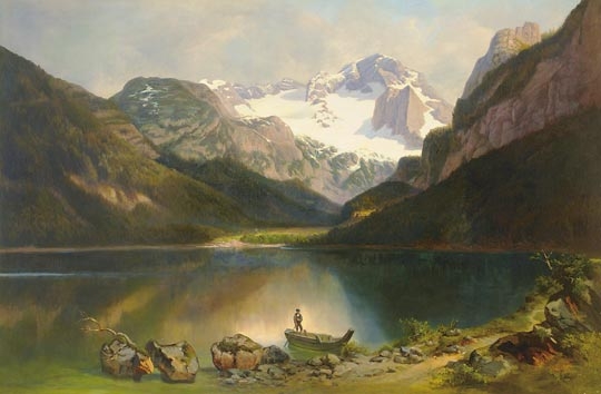 Molnár József (1821-1899) Mountain Landscape with Boatman