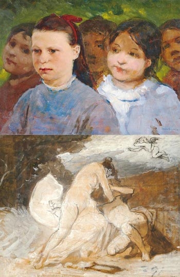 Deák Ébner Lajos (1850-1934) Kiváncsiskodó lányok, Hátoldalon: Aktkompozíció
