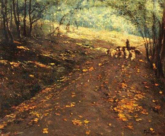 K. Spányi Béla (1852-1914) Forest Detail with Lambs